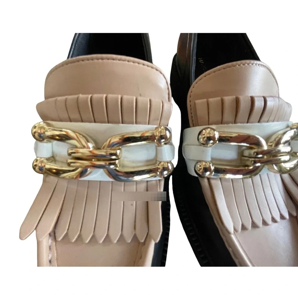Marc Fisher Calisto Tri-Tone Kiltie Chain Loafers Black Beige White 7.5M